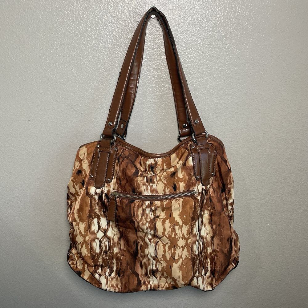 Etienne Aigner Double Handle Purse Hand Bag Snake Print Brown Magnet Close Flaws - Picture 4 of 14